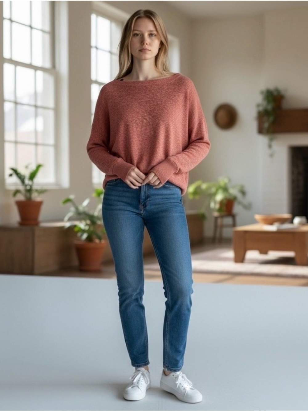 Anthropologie XS Coral Textured Knit Crew Neck Long sleeve Sweater